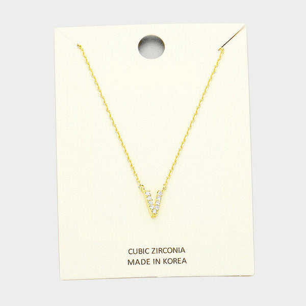 Initial Necklace Tiny CZ Cubic Zirconia .2" Monogram Letter V Rhinestone GOLD - PalmTreeSky