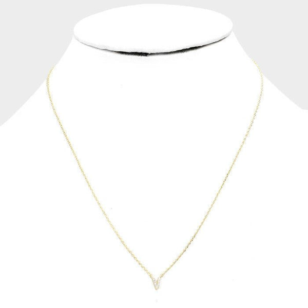 Initial Necklace Tiny CZ Cubic Zirconia .2" Monogram Letter V Rhinestone GOLD - PalmTreeSky