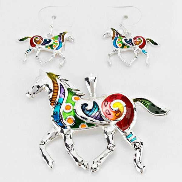Horse Necklace Pendant Earrings SET RED SILVER Country Farm Cowboy Riding Trot - PalmTreeSky