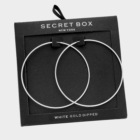 Hoop Earrings Thin Secret Gift Box Classic WHITE GOLD DIPPED Plain Simple 2.25" - PalmTreeSky
