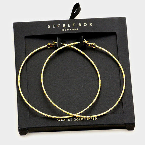 Hoop Earrings Textured Metal Secret Gift Box 14K GOLD DIPPED Lever 3" Drop - PalmTreeSky