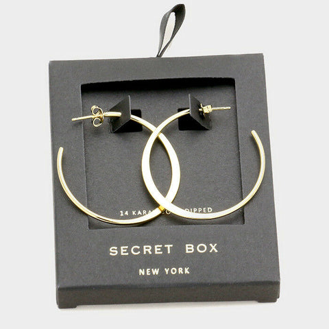 Hoop Earrings Tiny Secret Gift Box 1.5" Flat Metal Post Back 14K GOLD DIPPED - PalmTreeSky