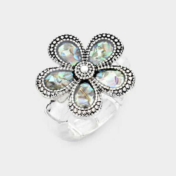Flower Ring Abalone Shell Stretch Band Floral Ivy Leaf Metal SILVER Jewelry - PalmTreeSky