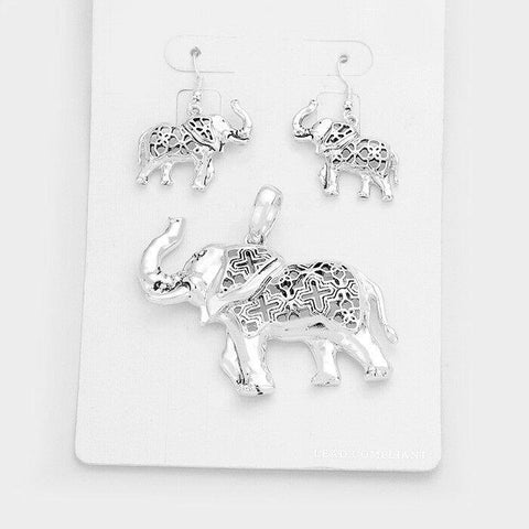 Elephant Pendant Earrings SET Luck Animal Horn Cutout Metal SILVER Cross Jewelry - PalmTreeSky