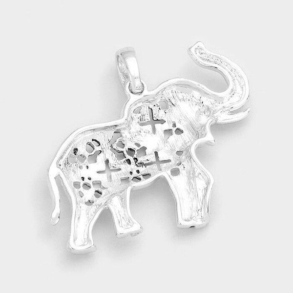 Elephant Pendant Earrings SET Luck Animal Horn Cutout Metal SILVER Cross Jewelry - PalmTreeSky