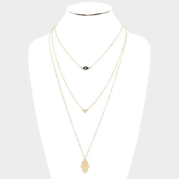 Evil Eye Necklace Thin Triple Layered Chains Hamsa Hand Pendant GOLD BLACK - PalmTreeSky