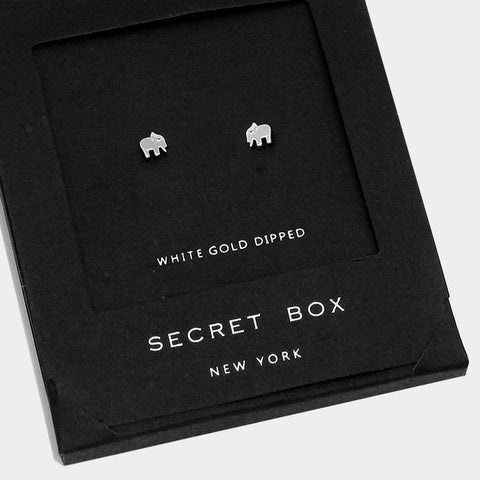 Elephant Earrings Tiny Secret Gift Box WHITE GOLD DIPPED Animal Post Stud Design - PalmTreeSky