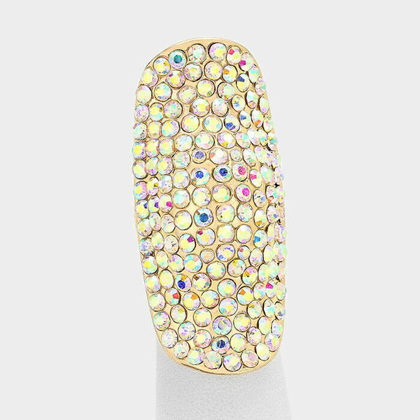 Cocktail Ring Large Pave Rhinestone Crystal 2" Long 1" Wide Stretch Band GOLD AB - PalmTreeSky