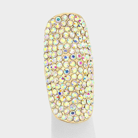 Cocktail Ring Large Pave Rhinestone Crystal 2" Long 1" Wide Stretch Band GOLD AB - PalmTreeSky