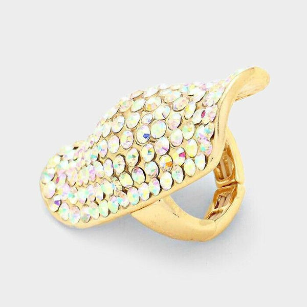 Cocktail Ring Large Pave Rhinestone Crystal 2" Long 1" Wide Stretch Band GOLD AB - PalmTreeSky