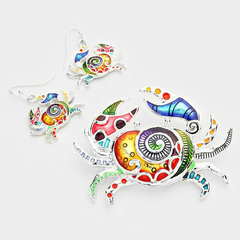 Crab Pendant Earrings SET Sea Life SILVER MULTI COLOR Swirl Fish Beach 2.75"x2" - PalmTreeSky