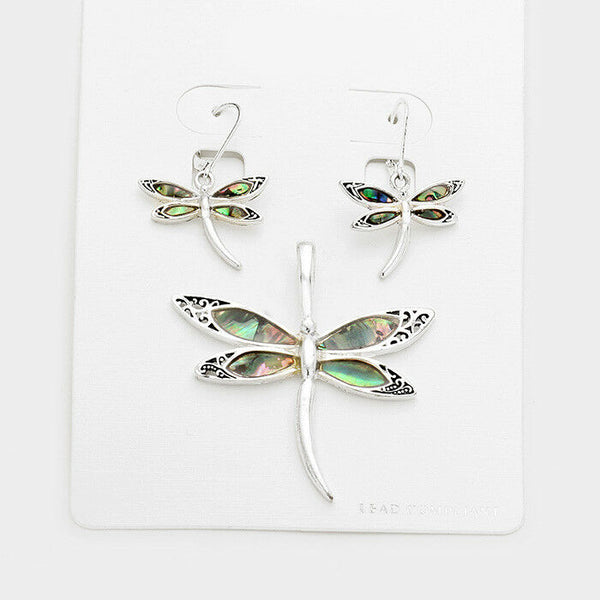 Dragonfly Pendant Earrings SET Abalone Shell SILVER 2.2"L Bird Insect Beach Fly - PalmTreeSky