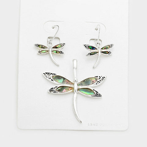 Dragonfly Pendant Earrings SET Abalone Shell SILVER 2.2"L Bird Insect Beach Fly - PalmTreeSky