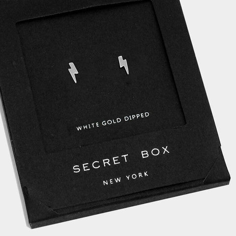 Thunderbolt Earrings Tiny Secret Gift Box WHITE GOLD DIPPED Lightening Pendant - PalmTreeSky