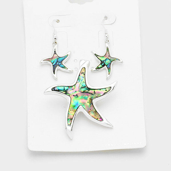 Starfish Pendant Earrings SET Abalone Shell SILVER 2"L Beach Sea Life Magnetic - PalmTreeSky