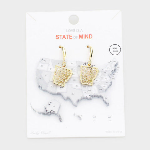 State Earrings Tiny Filigree .65" Drop Map ARKANSAS Hometown Travel Home GOLD - PalmTreeSky
