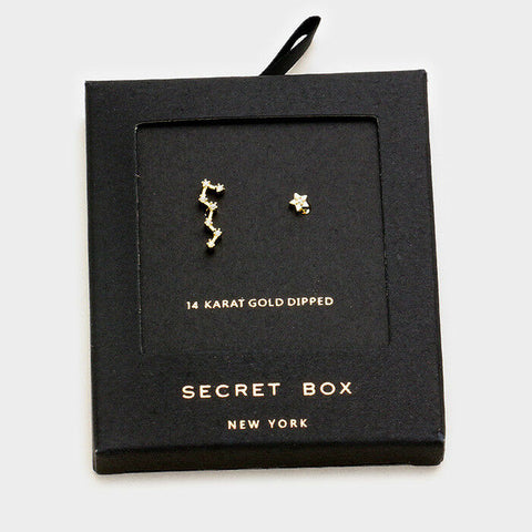 Star Earrings Tiny Secret Gift Box 14K GOLD DIPPED Small Stud Unbalanced Moon CZ - PalmTreeSky
