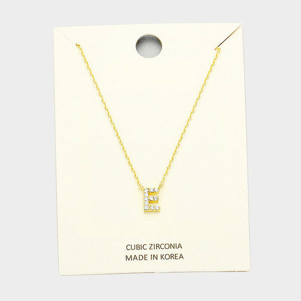 Initial Necklace Tiny CZ Cubic Zirconia .2" Monogram Letter E Rhinestone GOLD - PalmTreeSky