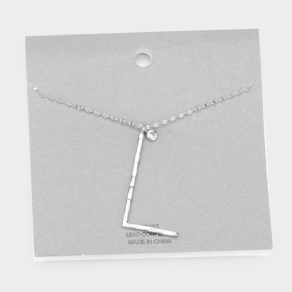 Initial Necklace Monogram Brass Textured Thin Letter Long Chain SILVER GOLD - PalmTreeSky