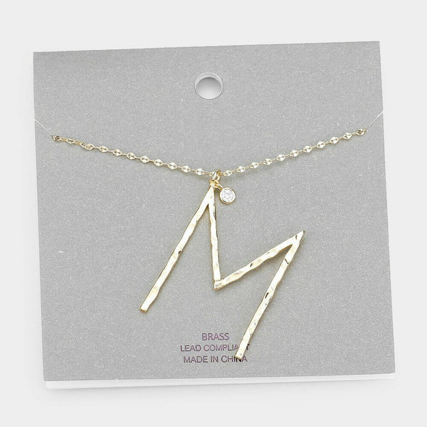 Initial Necklace Monogram Brass Textured Thin Letter Long Chain SILVER GOLD - PalmTreeSky