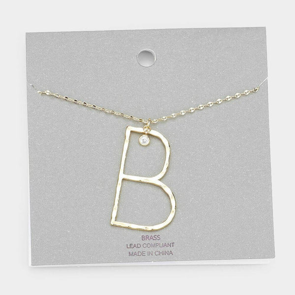 Initial Necklace Monogram Brass Textured Thin Letter Long Chain SILVER GOLD - PalmTreeSky