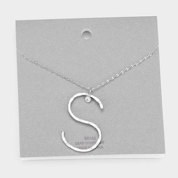 Initial Necklace Monogram Brass Textured Thin Letter Long Chain SILVER GOLD - PalmTreeSky