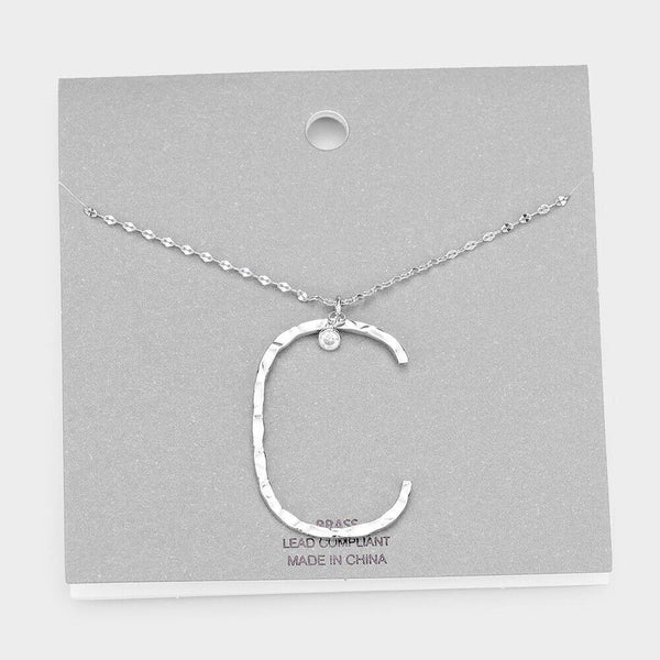 Initial Necklace Monogram Brass Textured Thin Letter Long Chain SILVER GOLD - PalmTreeSky