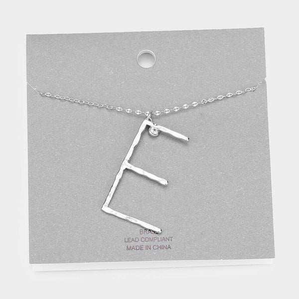 Initial Necklace Monogram Brass Textured Thin Letter Long Chain SILVER GOLD - PalmTreeSky