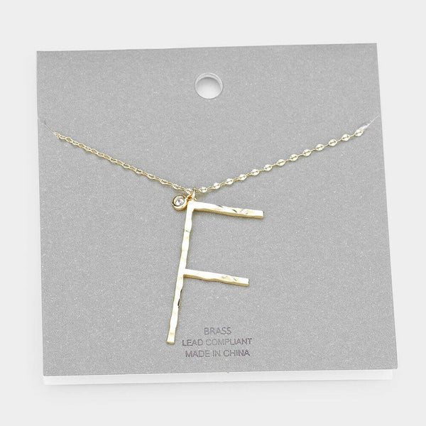 Initial Necklace Monogram Brass Textured Thin Letter Long Chain SILVER GOLD - PalmTreeSky