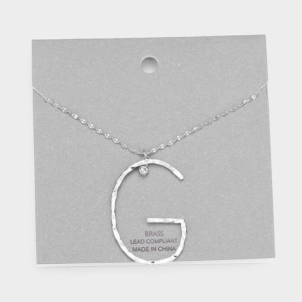 Initial Necklace Monogram Brass Textured Thin Letter Long Chain SILVER GOLD - PalmTreeSky
