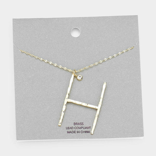 Initial Necklace Monogram Brass Textured Thin Letter Long Chain SILVER GOLD - PalmTreeSky