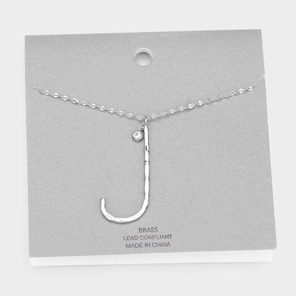 Initial Necklace Monogram Brass Textured Thin Letter Long Chain SILVER GOLD - PalmTreeSky