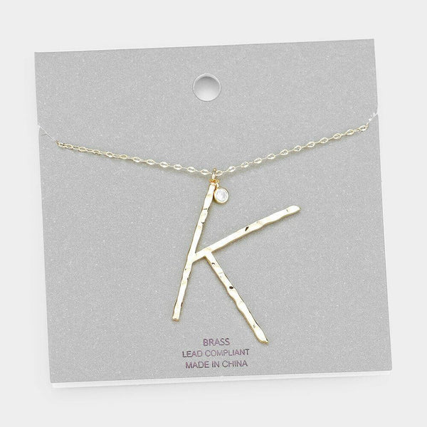Initial Necklace Monogram Brass Textured Thin Letter Long Chain SILVER GOLD - PalmTreeSky