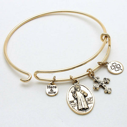 Cross Bracelet Religious Charms Adjustable Bangle Clover Luck Saint Pray Gold - PalmTreeSky