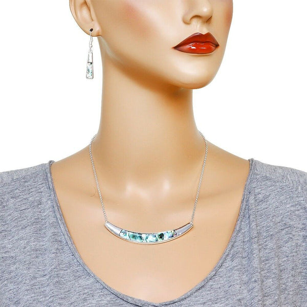 Abalone Shell Necklace Earring SET Metal Bent Bar SILVER Beach Sea Life Jewelry - PalmTreeSky