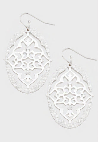 Filigree Earrings Oval Funky Rhombus Metal Lightweight SILVER 2"Drop Jewelry - PalmTreeSky