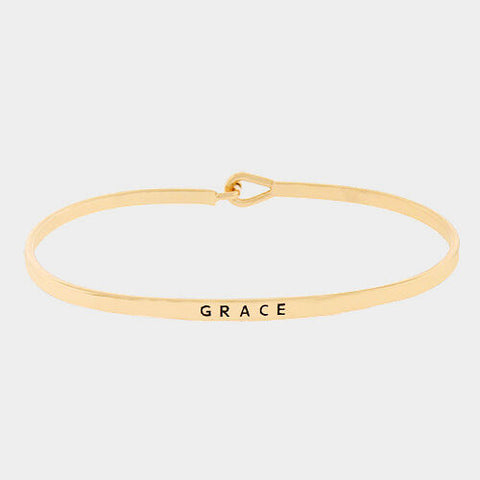 Grace Bracelet Message Inspirational Quote Thin Metal Bangle Hook Clasp Gold - PalmTreeSky