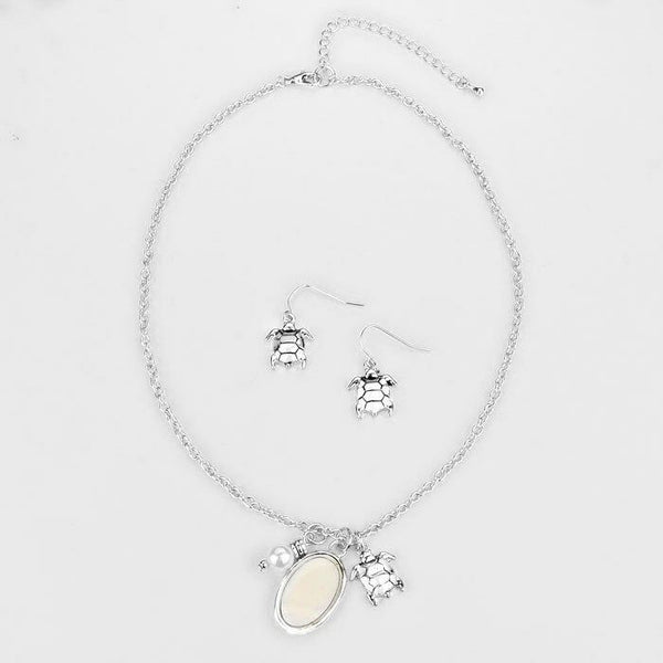 Turtle Necklace Pendant Set Mother of Pearl Charm SILVER Surfer Beach Jewelry - PalmTreeSky