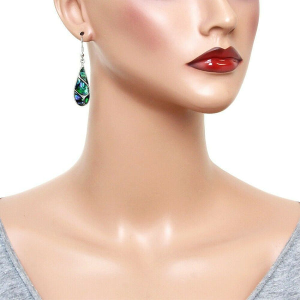 Abalone Shell Earrings Teardrop146 Drop Dangle Filigree Metal Cutout Sea SILVER - PalmTreeSky