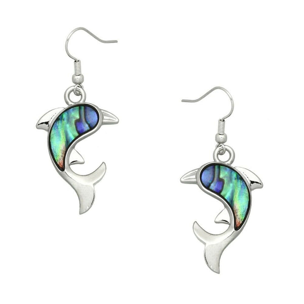 Abalone Shell Dolphin Earrings Plain Metal Silver Drop Dangle Sea Life Starfish - PalmTreeSky