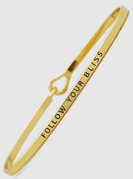 Follow Your Bliss Bracelet Thin Metal Bangle GOLD Inspirational Message Jewelry - PalmTreeSky