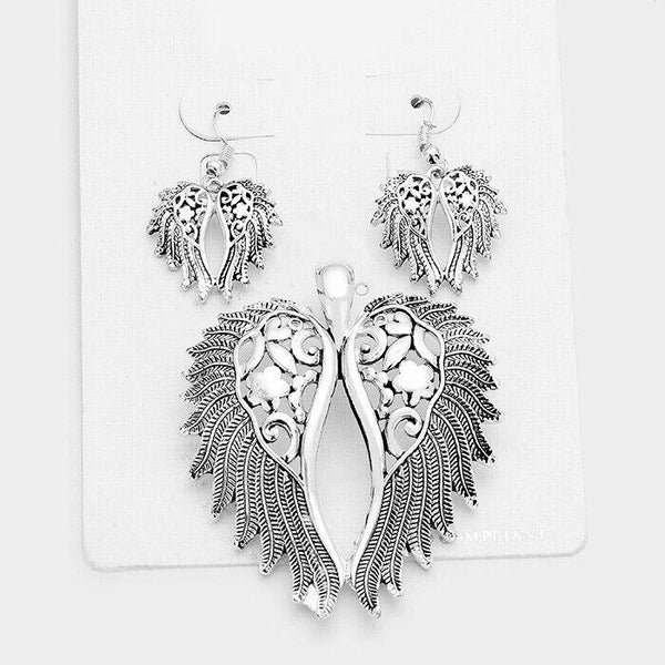 Angel Wings Pendant SET Necklace Earrings Filigree Cutout Metal Fly Love SILVER - PalmTreeSky