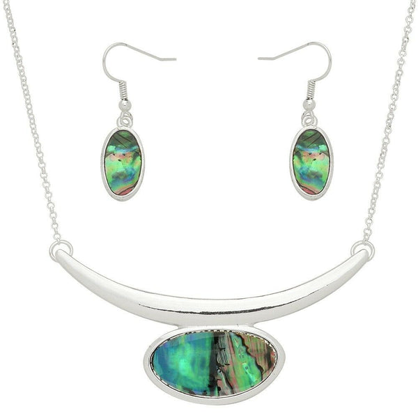 Abalone Shell Necklace SET Metal Bent Bar Oval Plain Pendant Charm Beach SILVER - PalmTreeSky