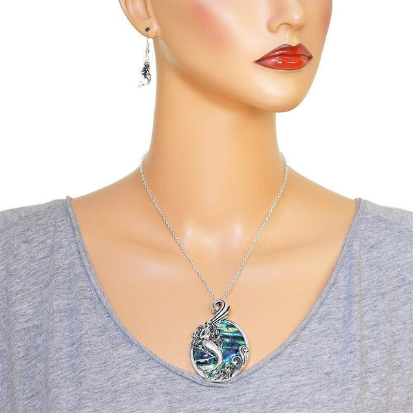 Abalone Shell Necklace Mermaid Teardrop Metal Swirl Large Pendant Ocean Sea SLVR - PalmTreeSky