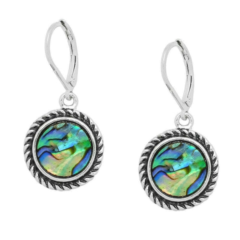 Abalone Shell Earrings Circle Droplet Metal SILVER Dangle Leverback Sea Style75 - PalmTreeSky