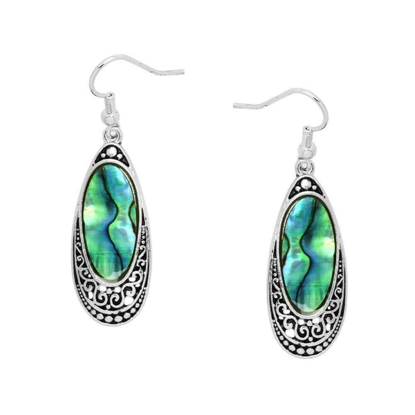 Abalone Shell Earrings Teardrop Drop Dangle Filigree Metal Cutout Sea SILVER - PalmTreeSky