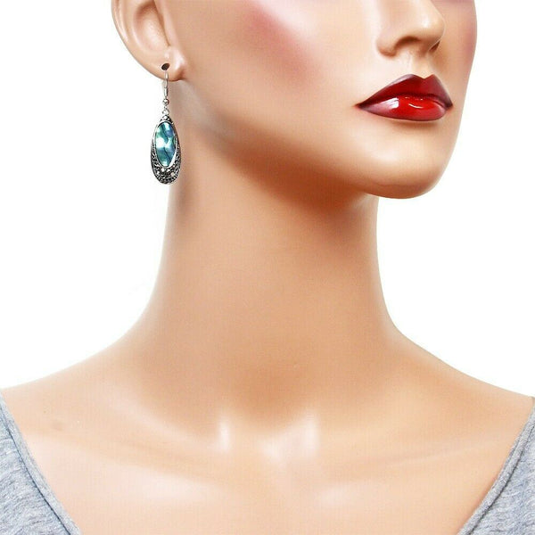 Abalone Shell Earrings Teardrop Drop Dangle Filigree Metal Cutout Sea SILVER - PalmTreeSky