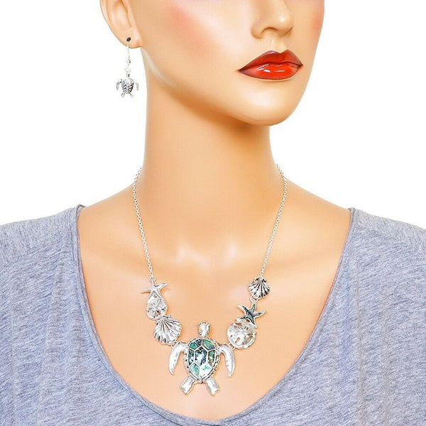 Abalone Shell Necklace SET Sea Life Turtle Statement Cluster Beach Ocean SILVER - PalmTreeSky