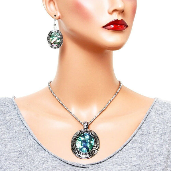 Abalone Shell Necklace Earring SET Statement Metal Oval Pendant SILVER Jewelry - PalmTreeSky