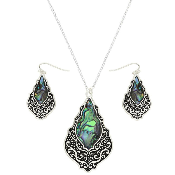 Abalone Shell Necklace Earring SET Teardrop Textured Metal Swirl SILVER Jewelry - PalmTreeSky